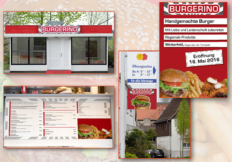 Das Bild zeigt Abbildungen einer kompletten Gestaltung eines Burger-Ladens: Plakat, Gebäude, Speisenkarte usw.